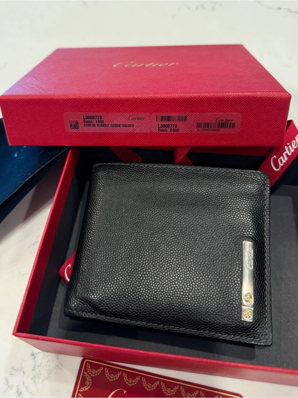 Vintage Santos de Cartier Black Grained Leather Bifold Wallet Luxury